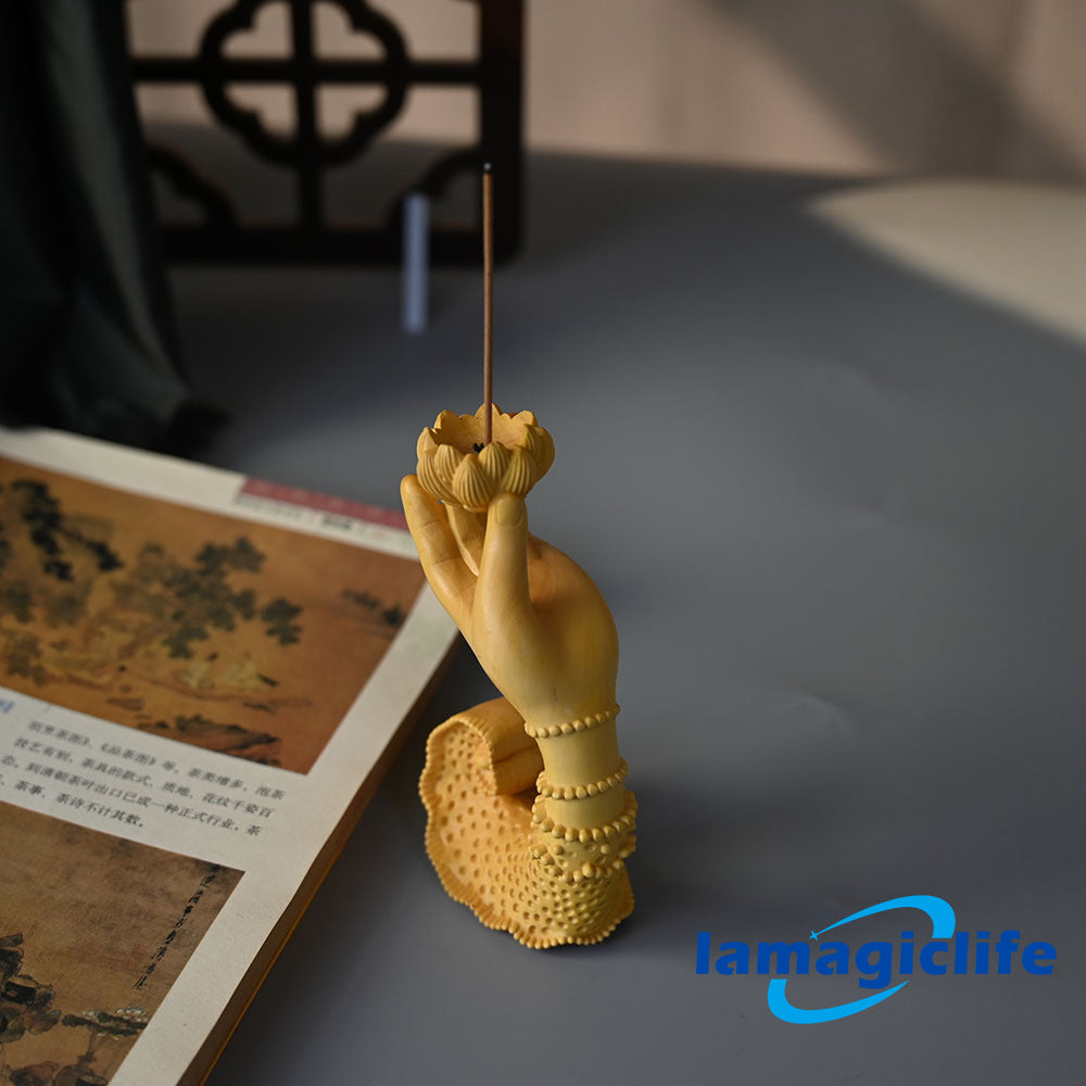 Lamagiclife Artisan Crafted Elegance Handmade Yellow Boxwood Lotus Incense Holder